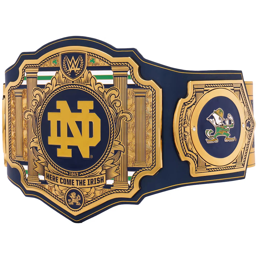 Decorative championship belt with gold and blue design, featuring a logo and text.