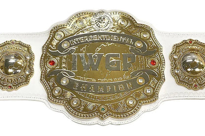 An ornate championship belt with a large central gold-toned plate reading 'IVGP' and 'Intercontinental Champion,' flanked by two matching side plates on a white strap, photographed on a plain white background.