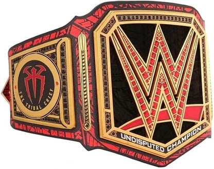 WWE championship belt with red, black, and gold colors on a white background