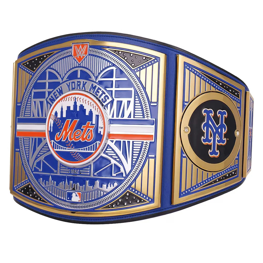 New York Mets championship belt with blue, gold, and orange colors on a white background