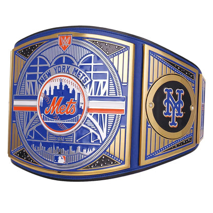 New York Mets championship belt with blue, gold, and orange colors on a white background