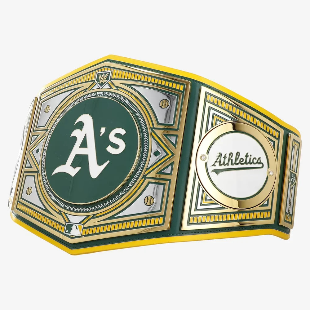 An Oakland Athletics championship belt featuring green, gold, and white panels with the 'A's' logo and 'Athletica' text, shown on a light gray background.
