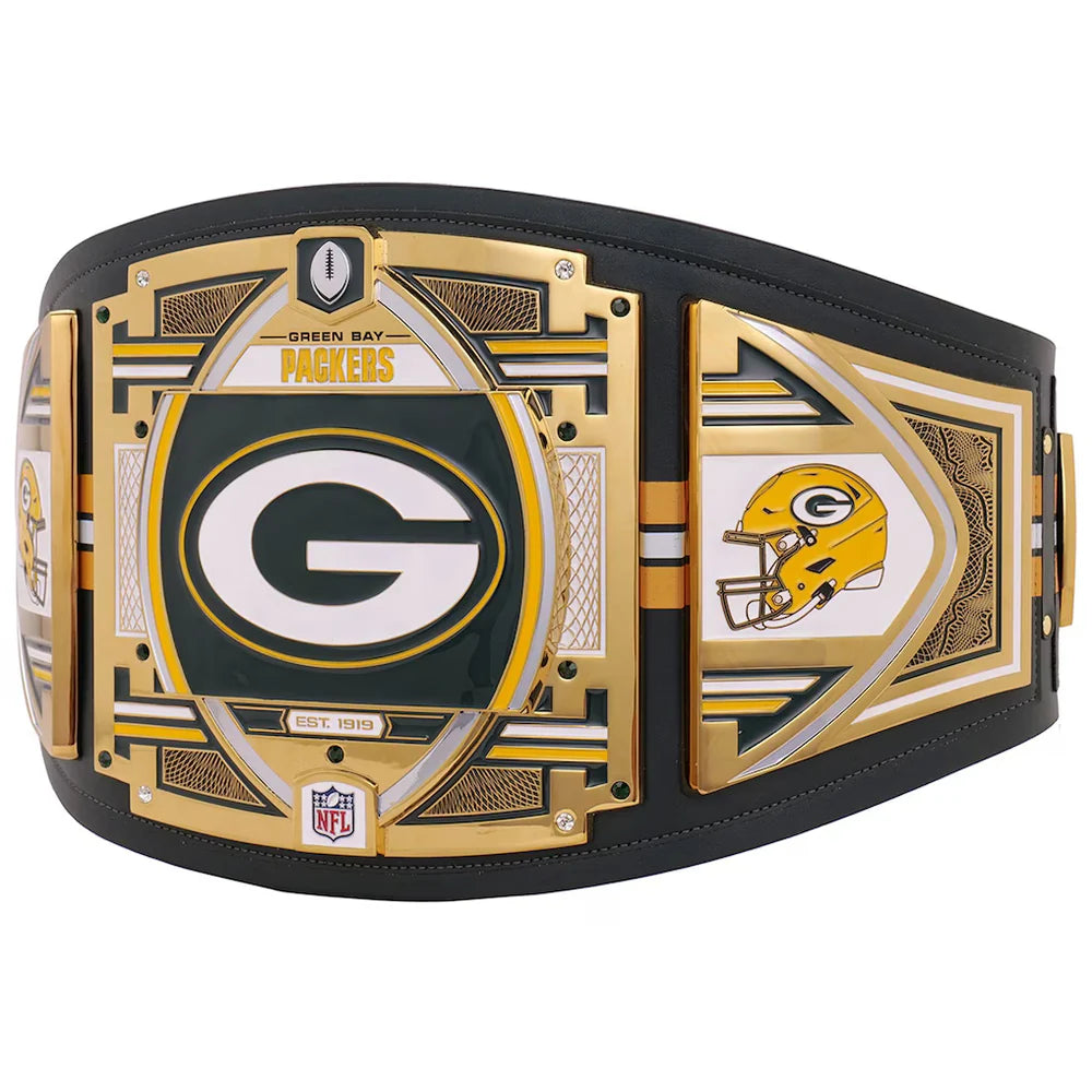 Green Bay Packers championship belt with gold and black design on a white background