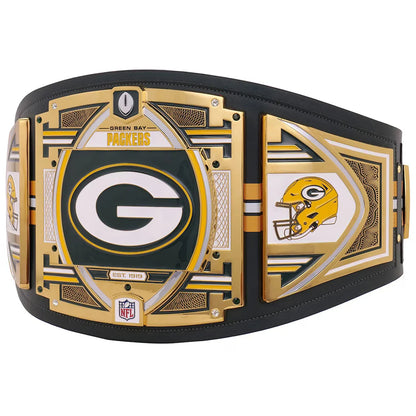 Green Bay Packers championship belt with gold and black design on a white background