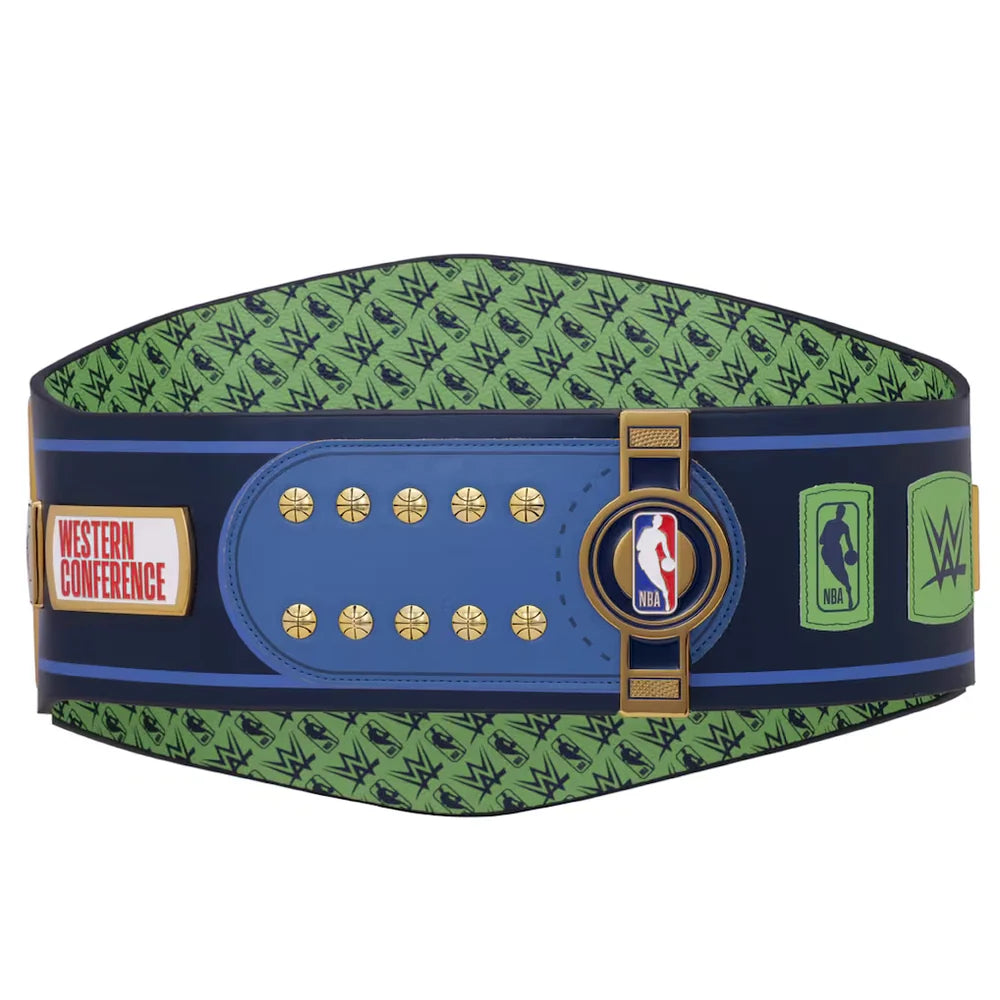 Belt with NBA and WWE logos on a white background