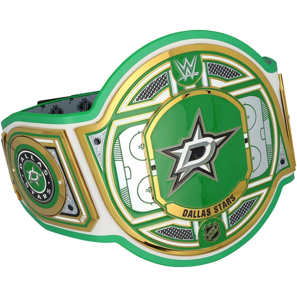 A green and white Dallas Stars WWE championship belt with gold trim, featuring the Dallas Stars logo and NHL shield on a white background.