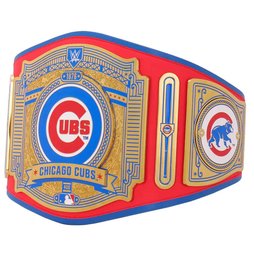 Chicago Cubs championship belt with red, blue, and gold colors on a white background