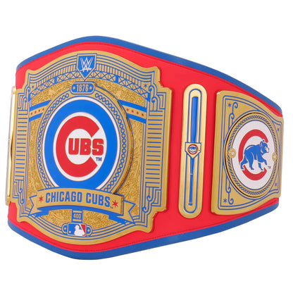 Chicago Cubs championship belt with red, blue, and gold colors on a white background