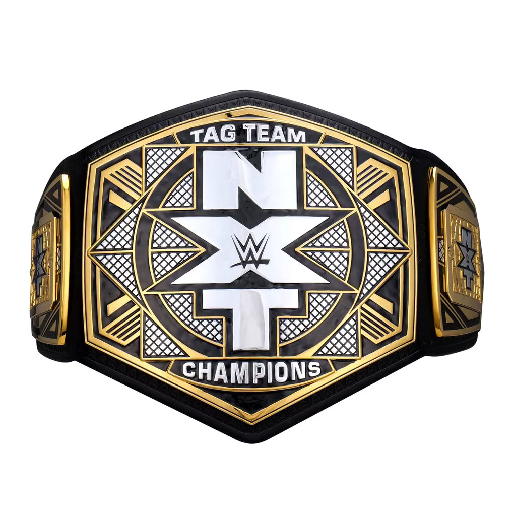 WWE NXT Tag Team Champions belt featuring a black and gold hexagonal design with a large white 'NXT' logo in the center, on a plain white background.