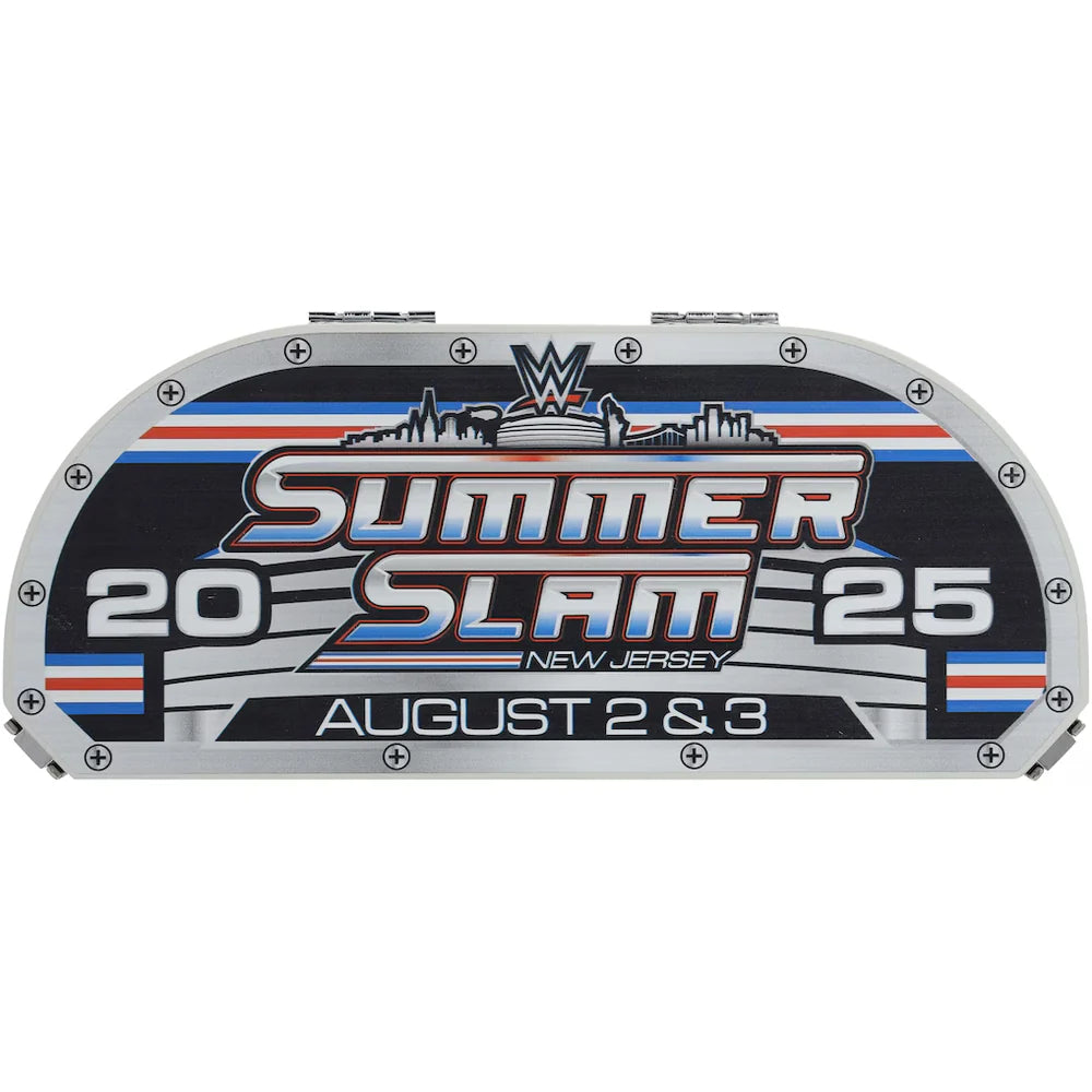 A WWE Summer Slam 2025 event banner backdrop featuring the WrestleMania-style logo, city skyline graphic, and event text '2025 Summer Slam New Jersey August 2 & 3' on a white background.
