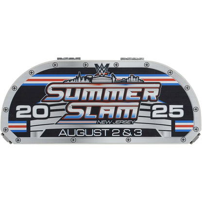 A WWE Summer Slam 2025 event banner backdrop featuring the WrestleMania-style logo, city skyline graphic, and event text '2025 Summer Slam New Jersey August 2 & 3' on a white background.