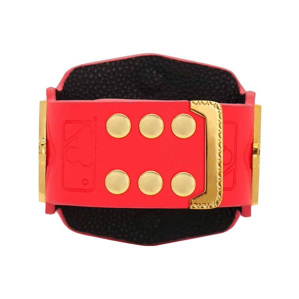 Red and gold belt with black interior on a white background