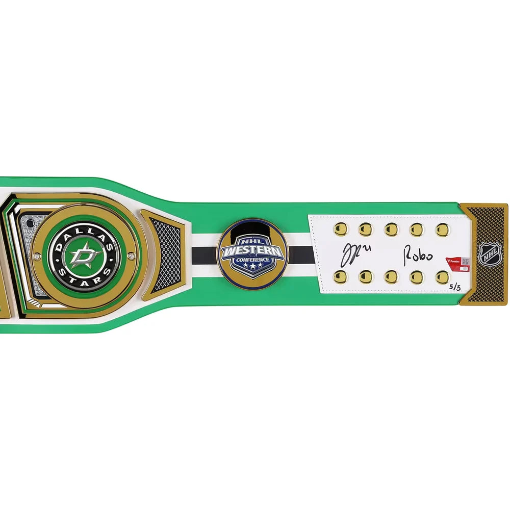 A hockey championship belt replica featuring the Dallas Stars logo, a Final Western Conference Champions 2015 badge, an autographed plaque with Roberto's signature, and gold studs on a green and white background.