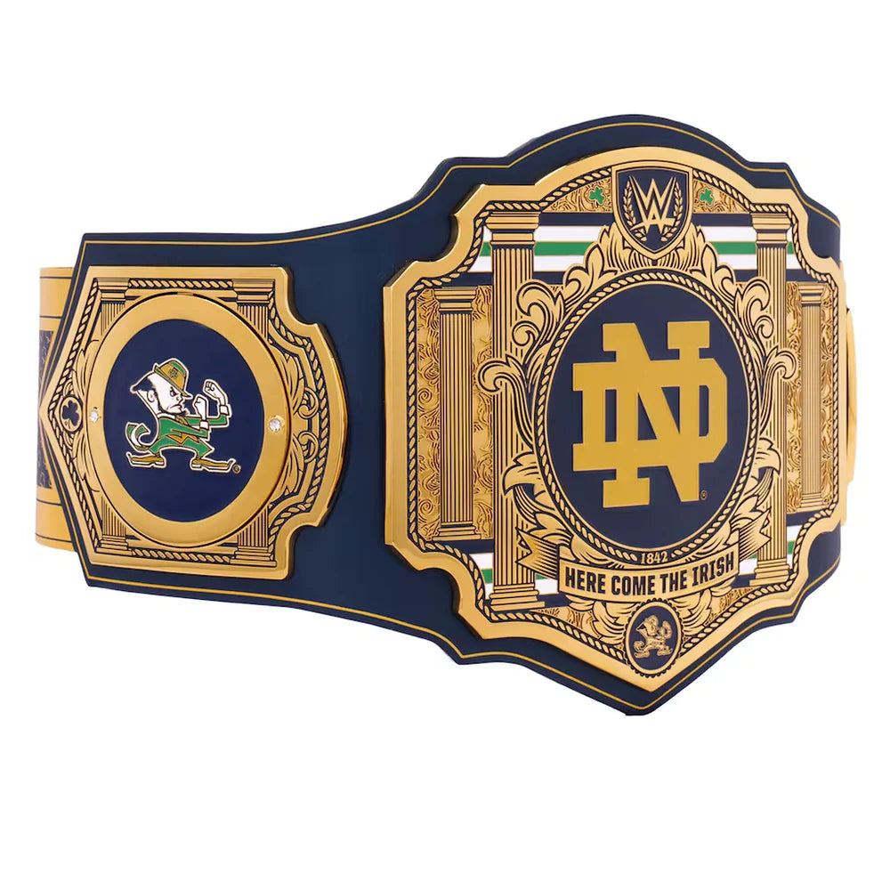 Decorative belt with gold and blue design featuring a logo and text on a white background