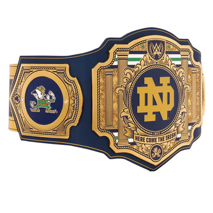 Decorative belt with gold and blue design featuring a logo and text on a white background