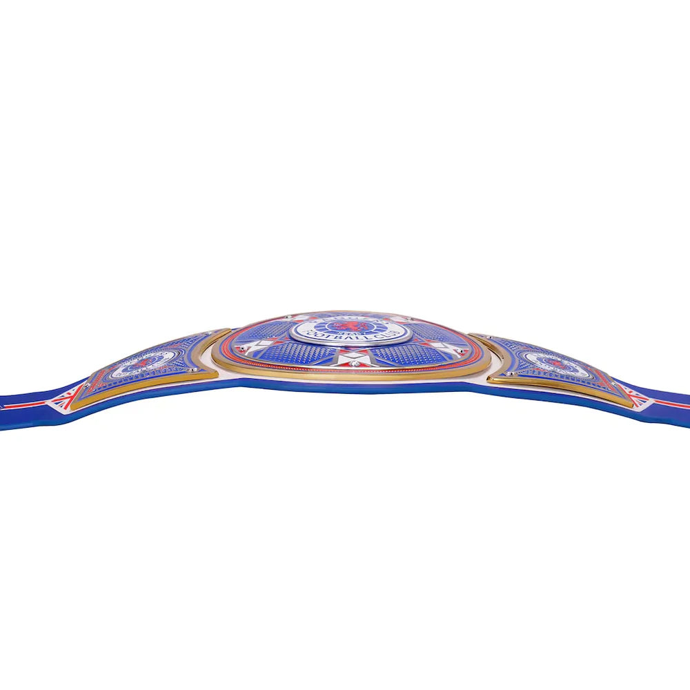 A championship belt with a blue, white, and gold design, featuring the text 'WORLD CHAMPIONSHIP' and 'THE FIGHT FOR THE CROWN' on a plain white background.