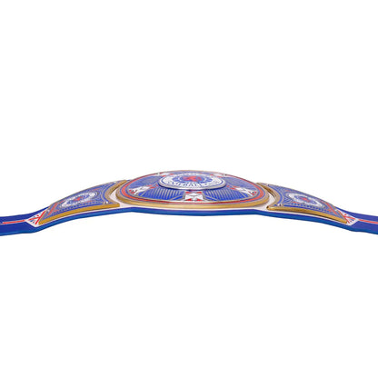 A championship belt with a blue, white, and gold design, featuring the text 'WORLD CHAMPIONSHIP' and 'THE FIGHT FOR THE CROWN' on a plain white background.