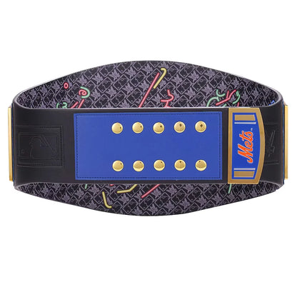 Wristband with blue center and black pattern, featuring a logo on a white background