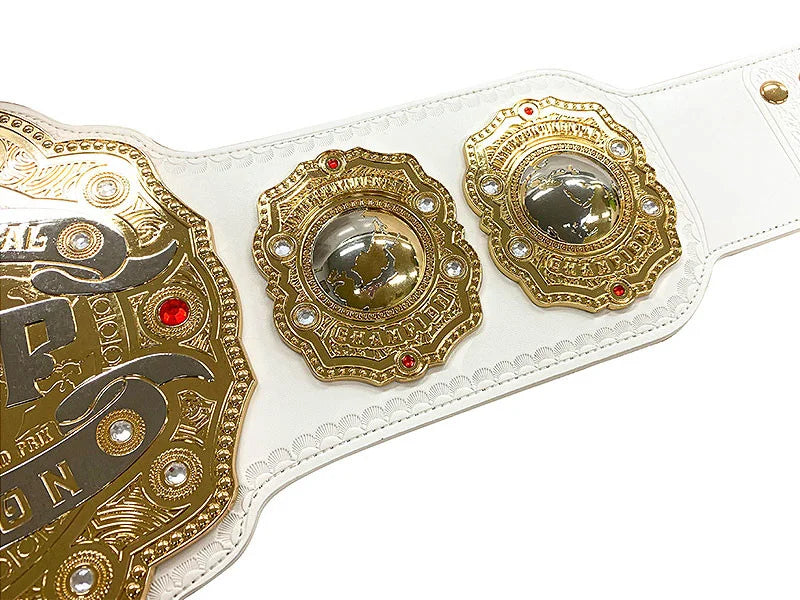 White championship belt with gold and red accents on a white background