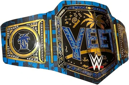A WWE wrestling championship belt featuring a blue and black plaid patterned strap with gold and blue decorative plates, including the large 'WWE' lettering and a palm tree emblem.