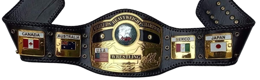 A black leather and gold-plated championship belt featuring country-specific plates for Canada, Australia, USA, Mexico, and Japan, with a central plate reading 'World Heavyweight Championship'.
