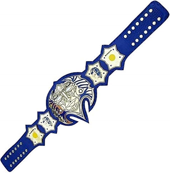 A blue and white wrestling championship belt with a large central plate and four corner plates, shown on a plain white background.