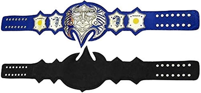 Two replica wrestling championship belts shown side by side on a plain white background: a blue and silver Baltimore Orioles-themed belt at the top and a black bat-shaped belt at the bottom.