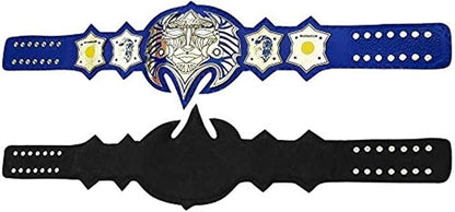 Two replica wrestling championship belts shown side by side on a plain white background: a blue and silver Baltimore Orioles-themed belt at the top and a black bat-shaped belt at the bottom.