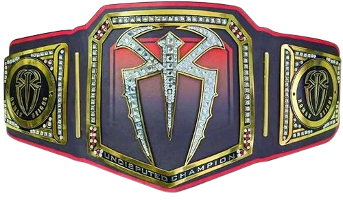 A championship belt with a large central plate featuring a stylized dagger emblem, flanked by two side plates with circular emblems. The belt has a dark navy or black base with red trim, gold metal borders, and rhinestone-like detailing, with the text 'UNDISPUTED CHAMPION' along the bottom.