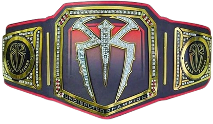 A championship belt with a large central plate featuring a stylized dagger emblem, flanked by two side plates with circular emblems. The belt has a dark navy or black base with red trim, gold metal borders, and rhinestone-like detailing, with the text 'UNDISPUTED CHAMPION' along the bottom.