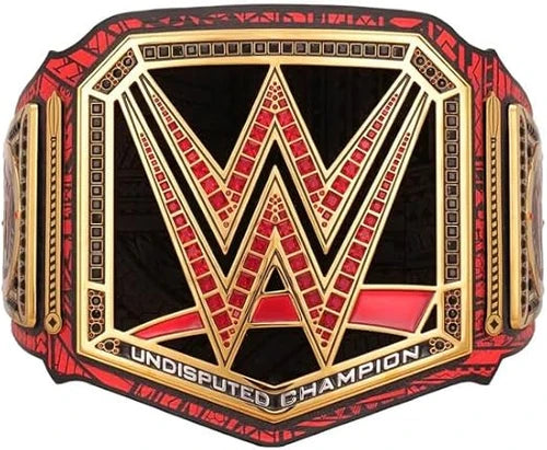 WWE Undisputed Champion belt featuring a large gold 'W' logo with red and black enamel details, bordered by red and gold side plates with 'UNDISPUTED CHAMPION' text at the bottom.
