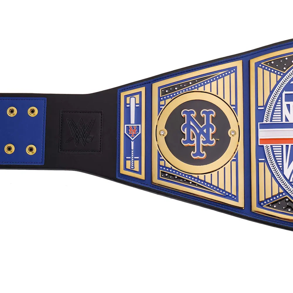 Wrestling championship belt with blue and gold design on a white background