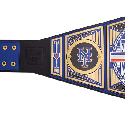 Wrestling championship belt with blue and gold design on a white background