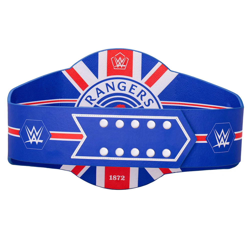 A WWE Women's Championship Rangers belt featuring a blue strap with red and white Union Jack accents, white rivets, and the WWE Rangers logo in the center.