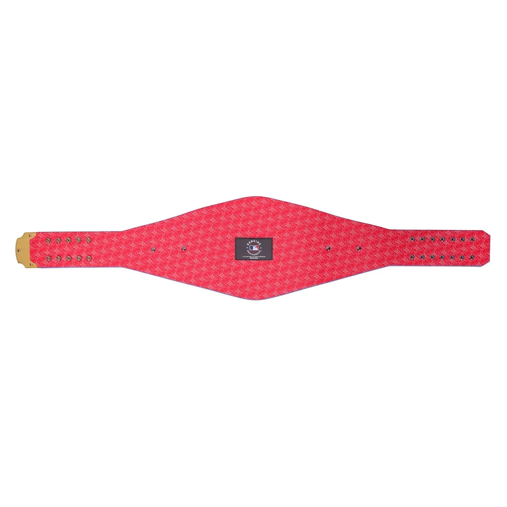 Red and gold belt with a logo on a white background