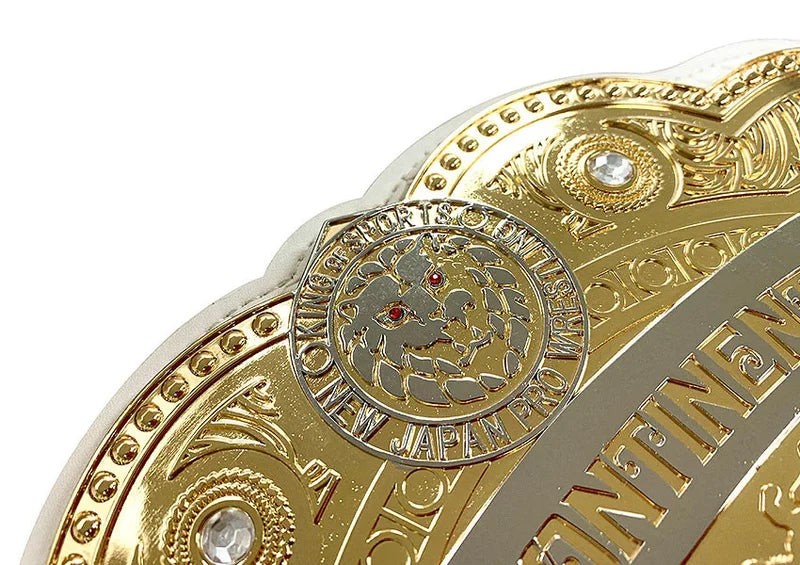 Gold championship belt with detailed design and text on a white background