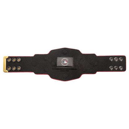 A black studded championship-style belt with a gold-toned front plate and silver-toned rivets, featuring a central MLB patch, shown on a plain white background.