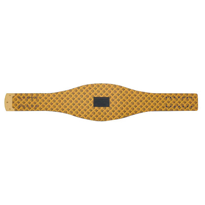 A wide, contoured belt made of textured yellow leather with an all-over black monogram pattern, featuring a central black rectangular patch and a lighter beige leather tip on the left.