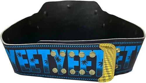 Black championship belt with blue text and gold buckle on a white background
