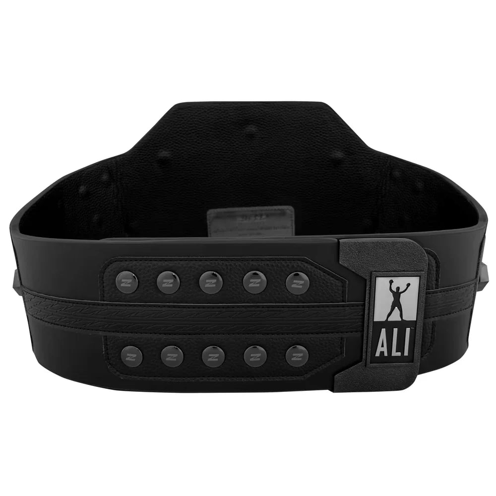 A black leather and synthetic leather powerlifting belt with a metal buckle featuring a silver and black 'ALI' logo patch, shown against a plain white background.