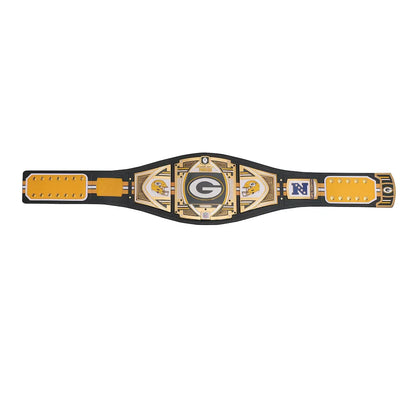 Championship belt with gold and black design on a white background