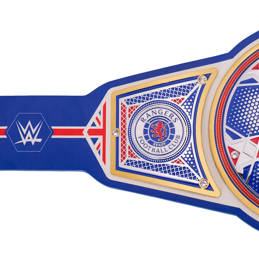A close-up of a WWE Championship belt featuring the 'Rangers Football Club' design, with blue, white, red, and gold details on a white background.
