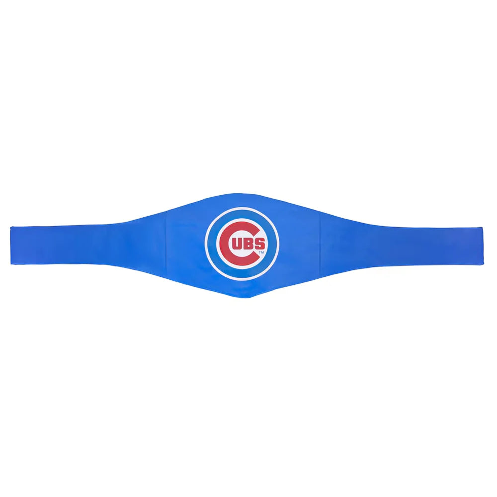 A blue Chicago Cubs belt with the team's circular logo in red, white, and blue at the center, displayed against a solid white background.