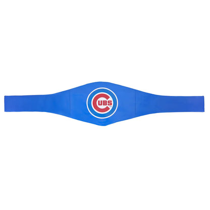 A blue Chicago Cubs belt with the team's circular logo in red, white, and blue at the center, displayed against a solid white background.