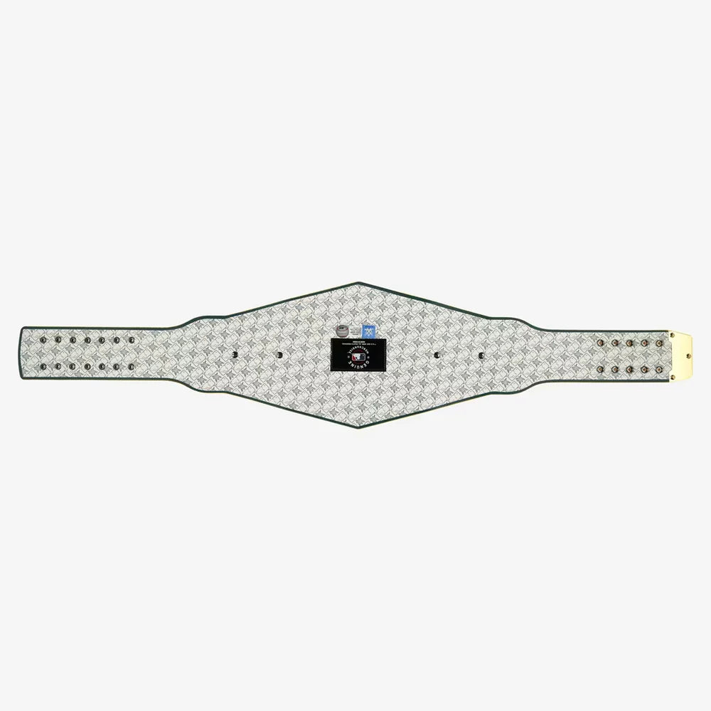 A horizontal belt featuring a white and gray houndstooth pattern, a black center patch with a circular logo, and a gold buckle on the right end, set against a plain light gray background.
