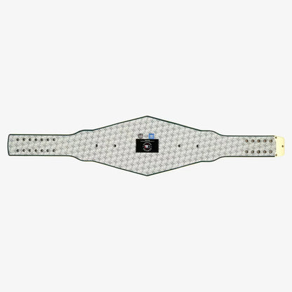 A horizontal belt featuring a white and gray houndstooth pattern, a black center patch with a circular logo, and a gold buckle on the right end, set against a plain light gray background.