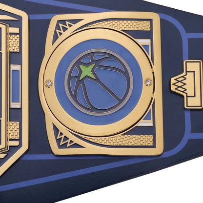 Gold and blue championship belt with star emblem on a white background
