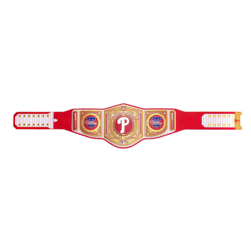 Red championship belt with a logo on a white background