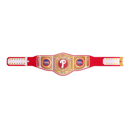 Red championship belt with a logo on a white background