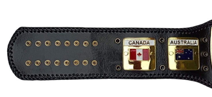 A black leather belt featuring two gold-tone metal nameplates with Canada and Australia flags, shown against a plain white background.